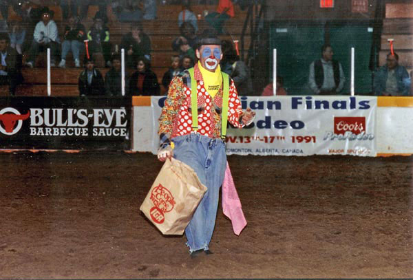 A rodeo clown at the Black Gold Rodeo entertains the crowd thanks to local sponsors